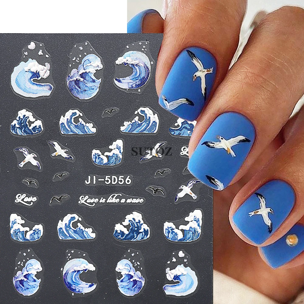 5D Embossed Sea Wave Nail Stickers Blue Gulls Slider Bronzing Golden Abstract Marble Nail Art Decals Manicure Decors GLJI-5D56