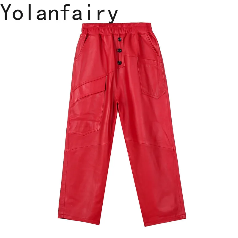 YOLANFAIRY Genuine Sheepskin Leather Harem Pants Women 2026 Autumn Red Elastic Waist Loose Nine Points Casual Leather Trousers