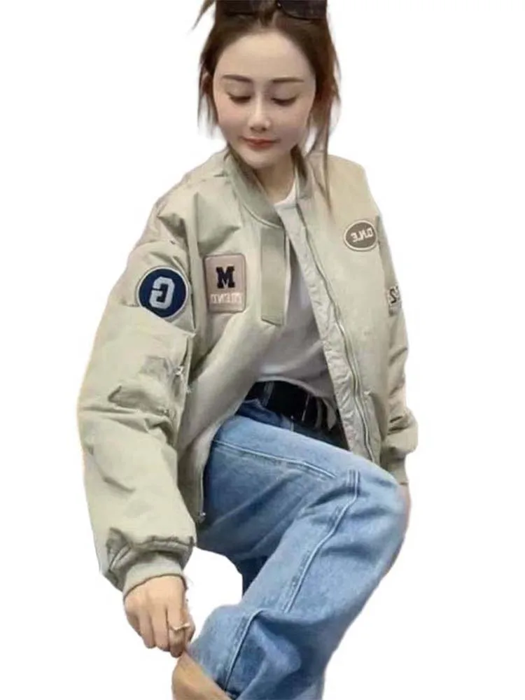 เสื้อโค้ทเบสบอลทรงหลวม ดีไซน์ทันสมัย สำหรับผู้หญิง ฤดูใบไม้ผลิและฤดูใบไม้ร่วง  ผ้าฝ้ายบุใยสังเคราะห์ คอตั้ง แบรนด์ American Sle ort Flight Jaet