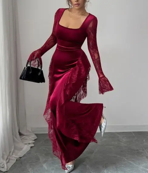 

Womens Dresses 2025 Autumn/winter Elegant Style Lace Edge Square Neck Long Skirt Dress Temperament Commuting Retro Elegant Dress