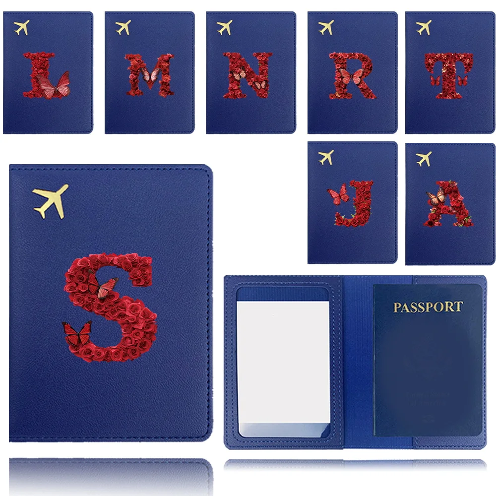 

Pu Passport Case Airplane Travel Passport Cover Business Passport Clip Fashion Bank Card Organizer Cover Red Rose Letter Pattern