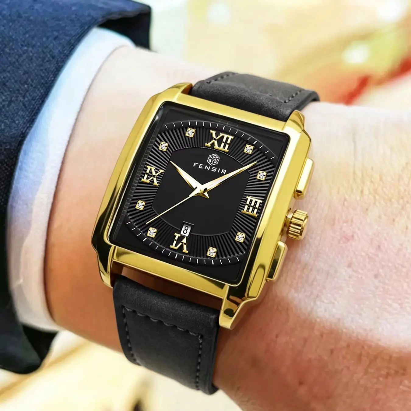 

Business Men's Square Quartz Watch with Diamond-Studded Dial, Waterproof Wristwatch, Leather Strap, Calendar, Precise Timekeeping, Durable Model, High-End Feel, Versatile for Commuting, Hot-Selling Item, Light Luxury and Elegant Men's Watch, Dual-Use for 