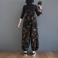 Vintage Print Floral Denim Jumpsuit Women Loose Wide Leg Baggy Straps Cargo Pants Streetwear Big Size Black Jeans Overalls Femme - Image 4