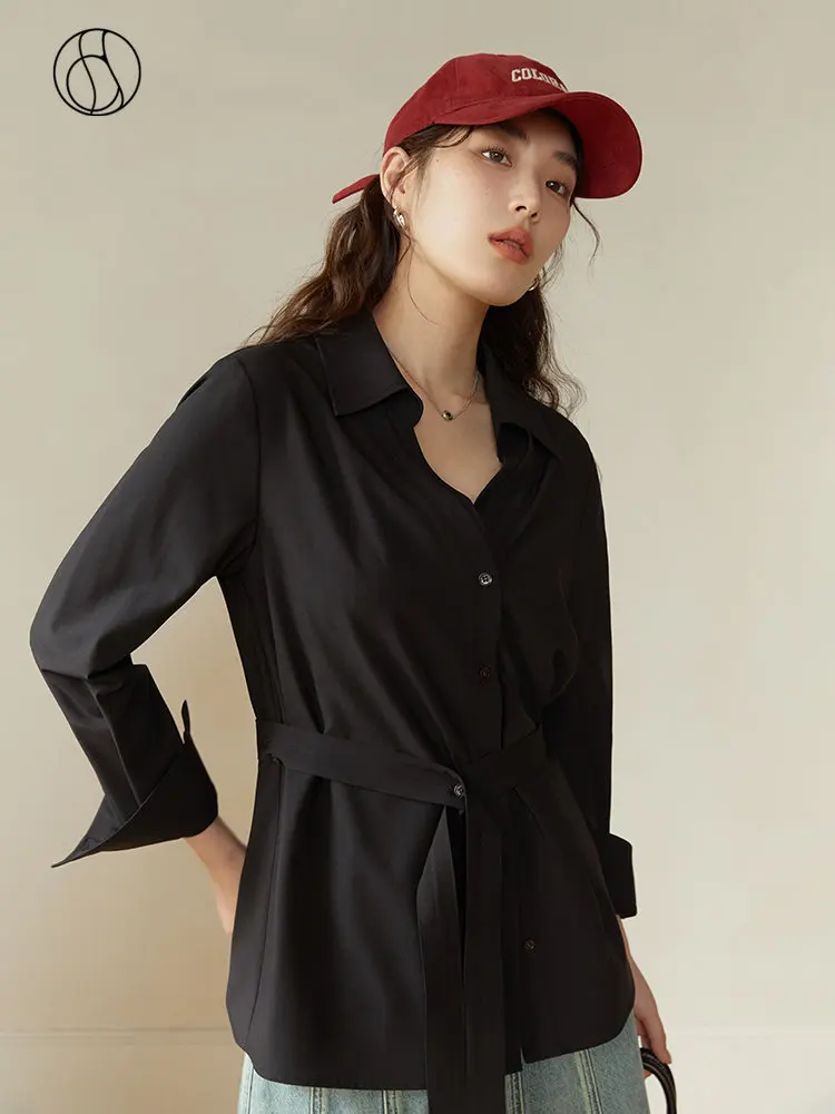 DUSHU Professional Women's Double Placket Lapel Casual Design Drawstring Shirt with Belt Spring New Commuter Sense Top for Women