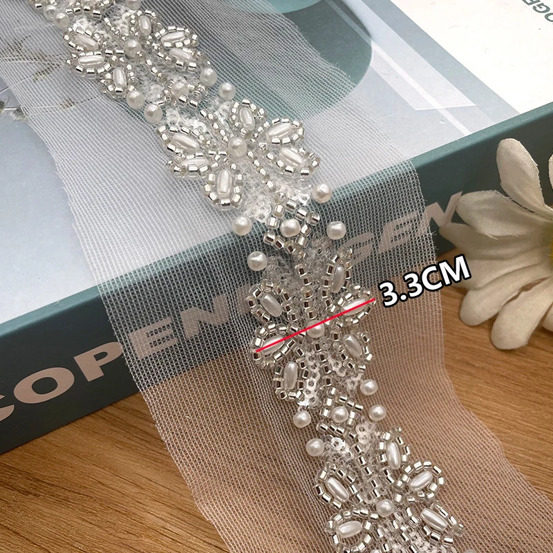 1Yard(90CM) New Pearl Ribbon Embroidery Beaded Lace Trim for Wedding Dress Beads Ribbon for Sewing Crafts