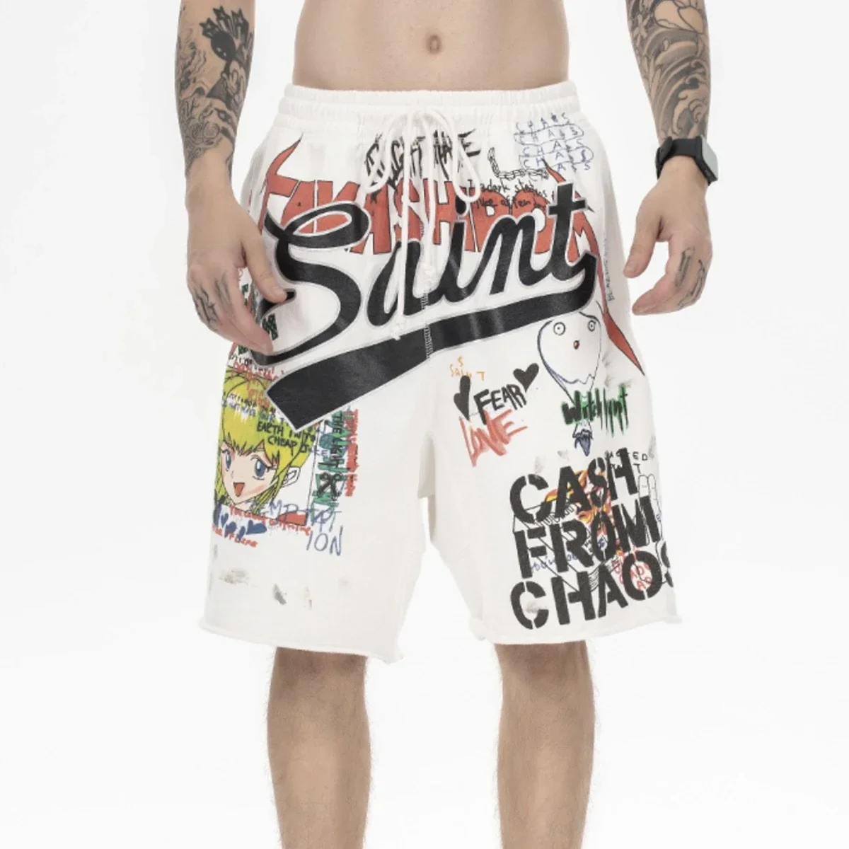 Yao Fashion Saint Of Michael Graffiti Graphics Printing Vintage Pants Loose Casual Cotton Sport Oversize Shorts For Men