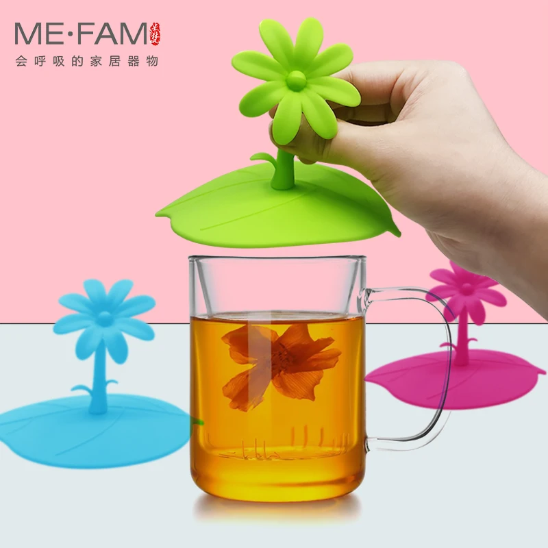 Universal Colorful Cute Silicone Flower Handle Leaf Cup Lid Hot Tea Mug Cover Seal Dustproof Glass Ceramic Plastic Cups Set of 3