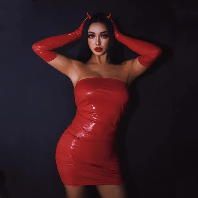 Sexy Red Bunny Cosplay Dress Little Devil PU Boob Tube Top DIY Halloween Costume For Women Club Dresses Bodycon Gangster Rabbit