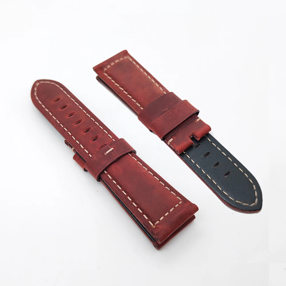 

24mm / 22mm 125mm / 75mm Brown Red Waxy Crack Calf Leather Strap for PAM RADIOMIR LUMINOR Watch Sport Strap