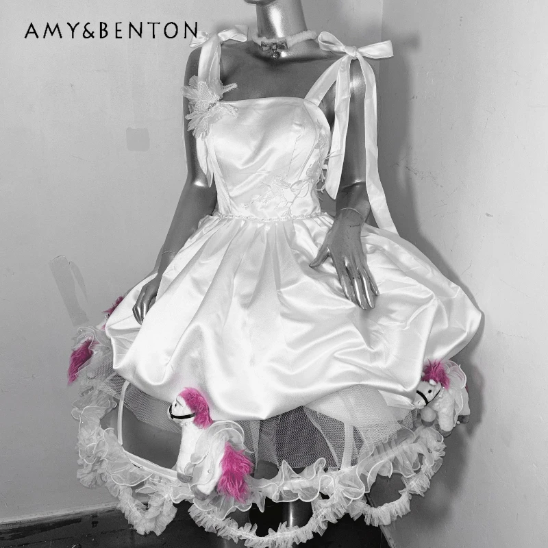 

Autumn New Retro Design Three-Dimensional Decoration Animal Women's Dress Original Design White Birdcage Puffy Dresses Ladies