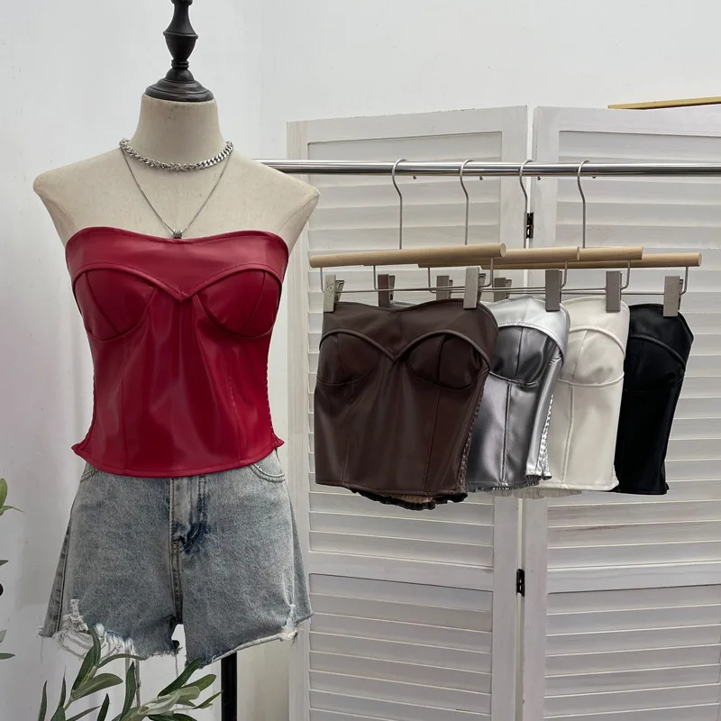 

Sexy Strapless Pu Leather Tube Top Hot Girls Chest Wrapping Slim Fit Short Sleeveless Y2k Top