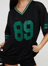 New Fashion Women Short Sleeve T-Shirts Number Print Casual Shirts Summer V-Neck Loose Fit Tops Streetwear