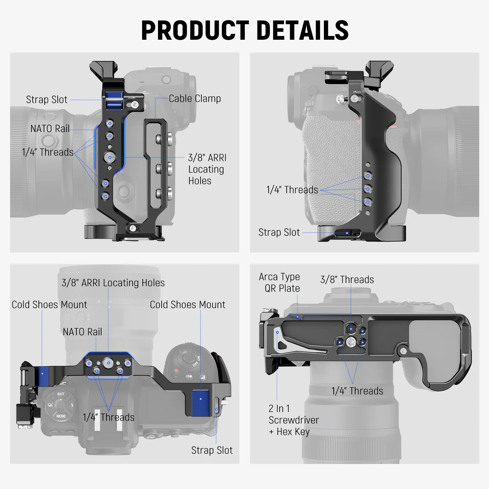 NEEWER Z8 Camera Cage with HDMI Cable Clamp For Nikon Z8 With NATO Rail Quick Release Arca Type Base Aluminum Video Rig