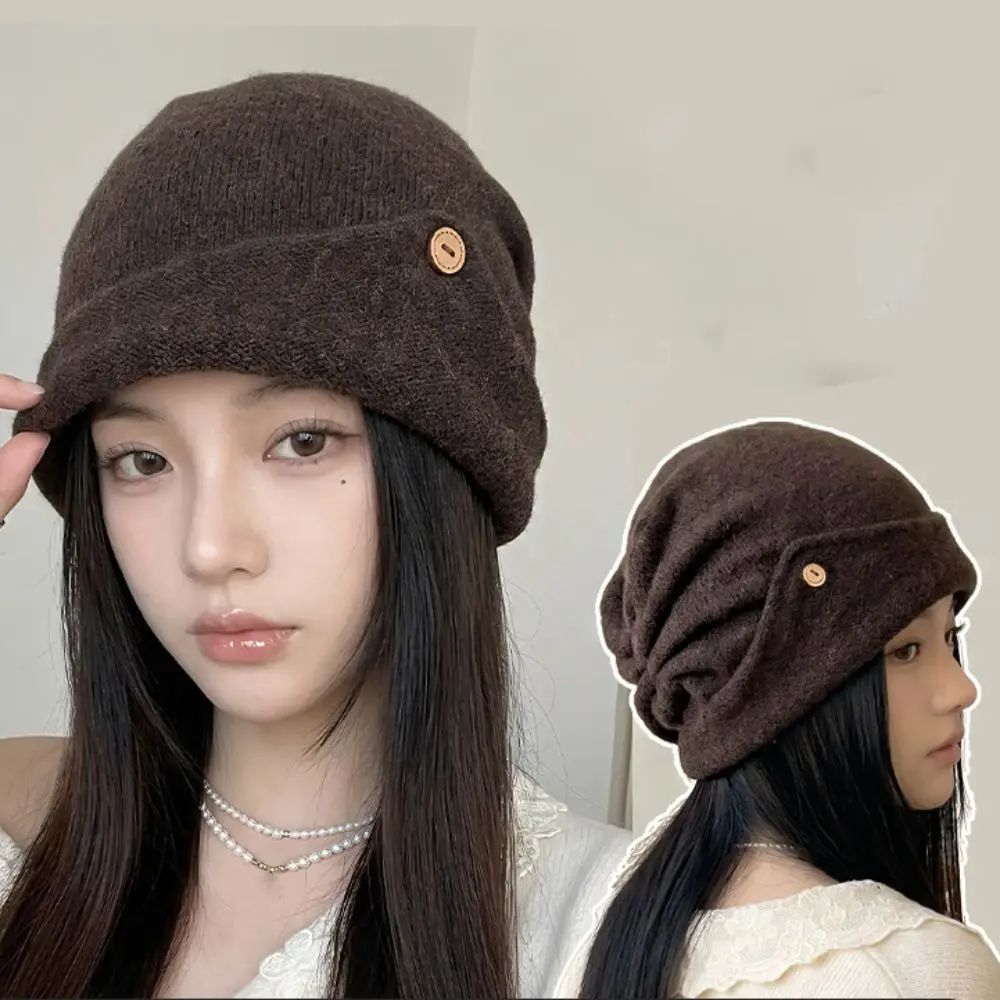 Kawaii Slouchy Beanie Hats Warm Folded Brim Knitted Hat Ear Protection Wool Blend Pullover Hat Streetwear