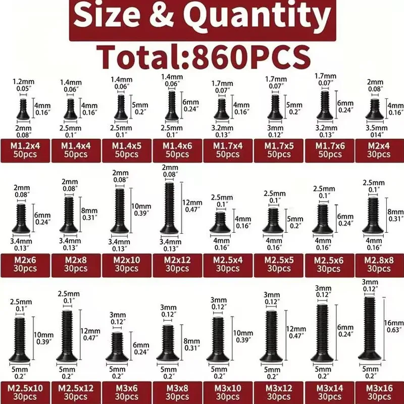 860PCS Screw Assembly Kit Small Computer Black Miniature Eyeglasses Screws M1.2 M1.4 M2 M3
