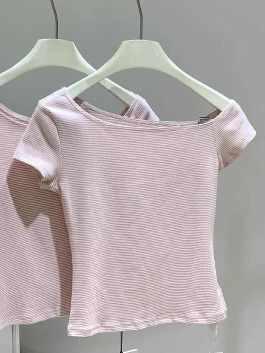 Roze Gestreepte Crop Tops Vrouwen Zomer Sexy Slash Hals Slanke Katoenen Korte Mouw Tees Vrouwelijke Chic Zoete Preppy Stijl T-shirts Nieuw - afbeelding 2