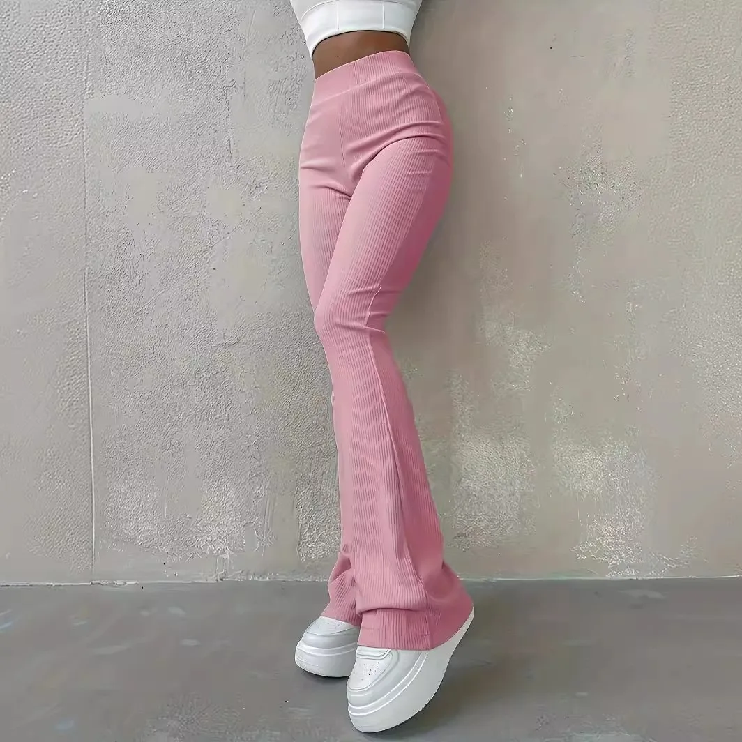 Women Flared Leg Pants Casual High Waist Full Length Trousers Ribbed Texture Solid Color Leggings Black Slim Fit Pink Pants