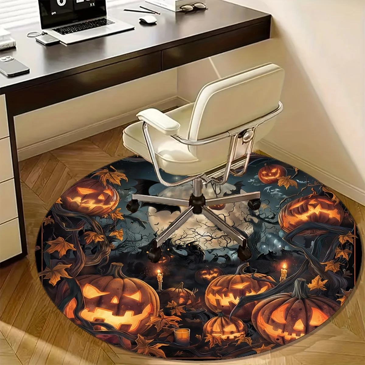 Round Pumpkin Rug Mat Halloween Spooky Season Floor Carpet Area Decor Circle Throw Pillow Fall Autumn Haunted House Design Mat f