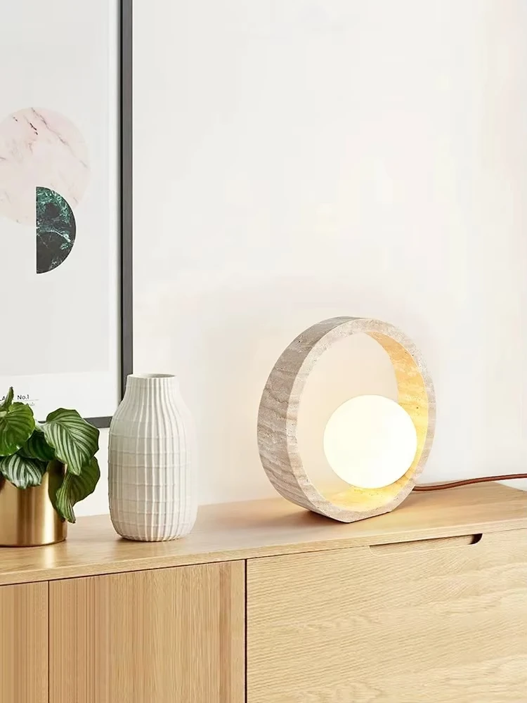 Lampada da terra moderna semplice in travertino, lampada da tavolo circolare nordica in pietra gialla naturale, apparecchi di illuminazione per decorazioni per interni YX452SH