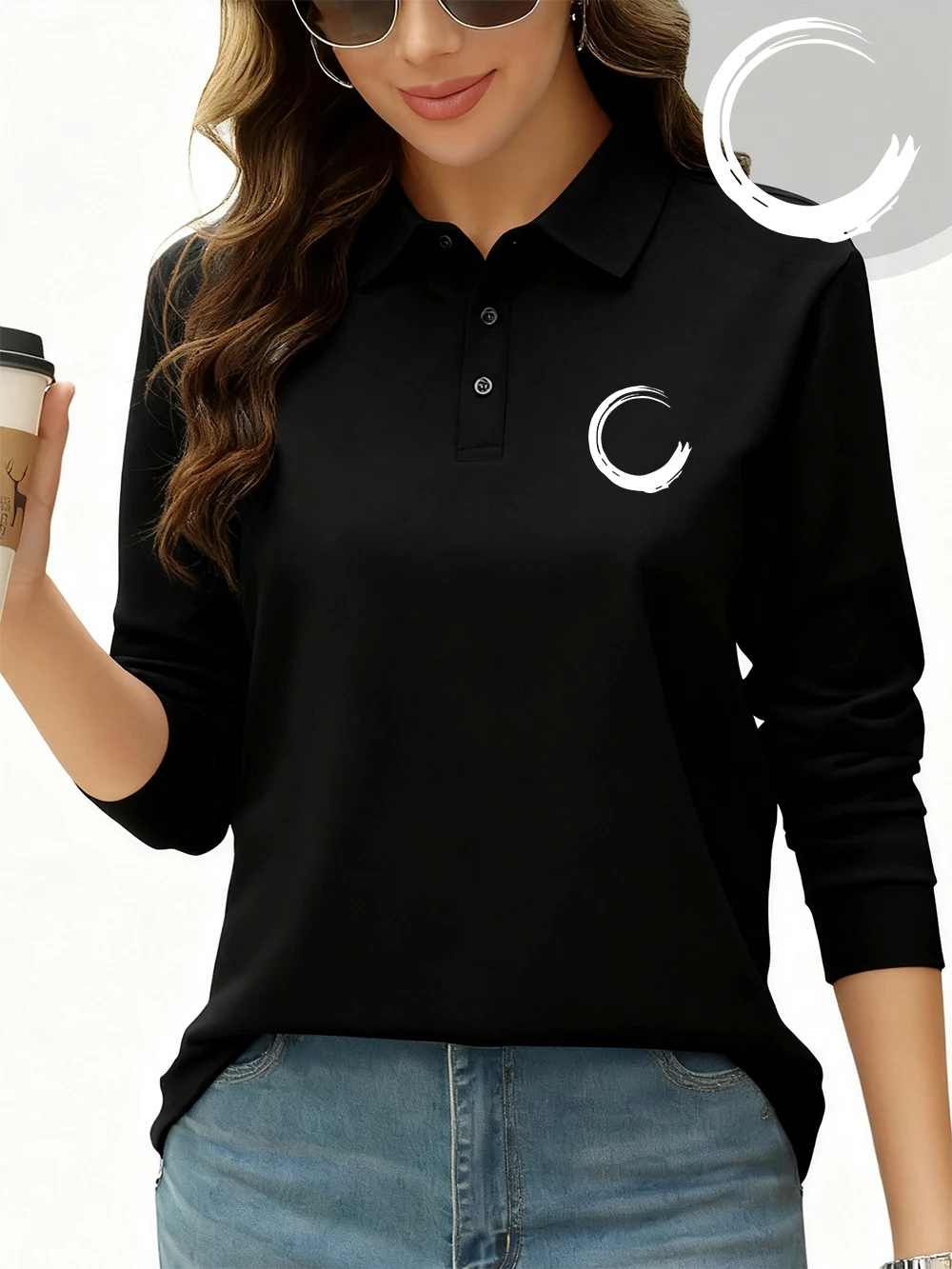 

Рубашки поло с принтом буквы C, женские всесезонные дышащие футболки с лацканами, спортивные топы с длинными рукавами, повседневная базовая женская одежда