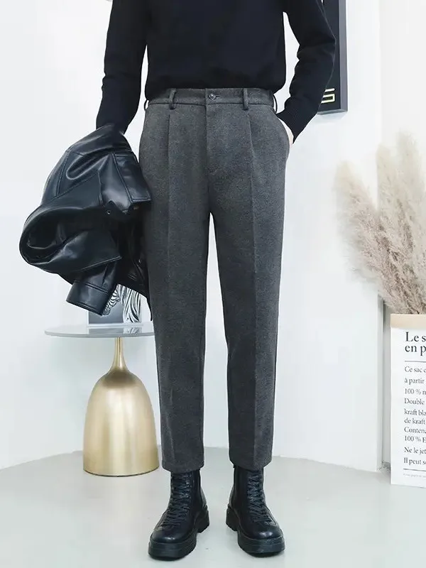 

Утепленные теплые шерстяные мужские брюки с эластичной резинкой на талии в корейском стиле, модные повседневные брюки в городском стиле, длинные брюки