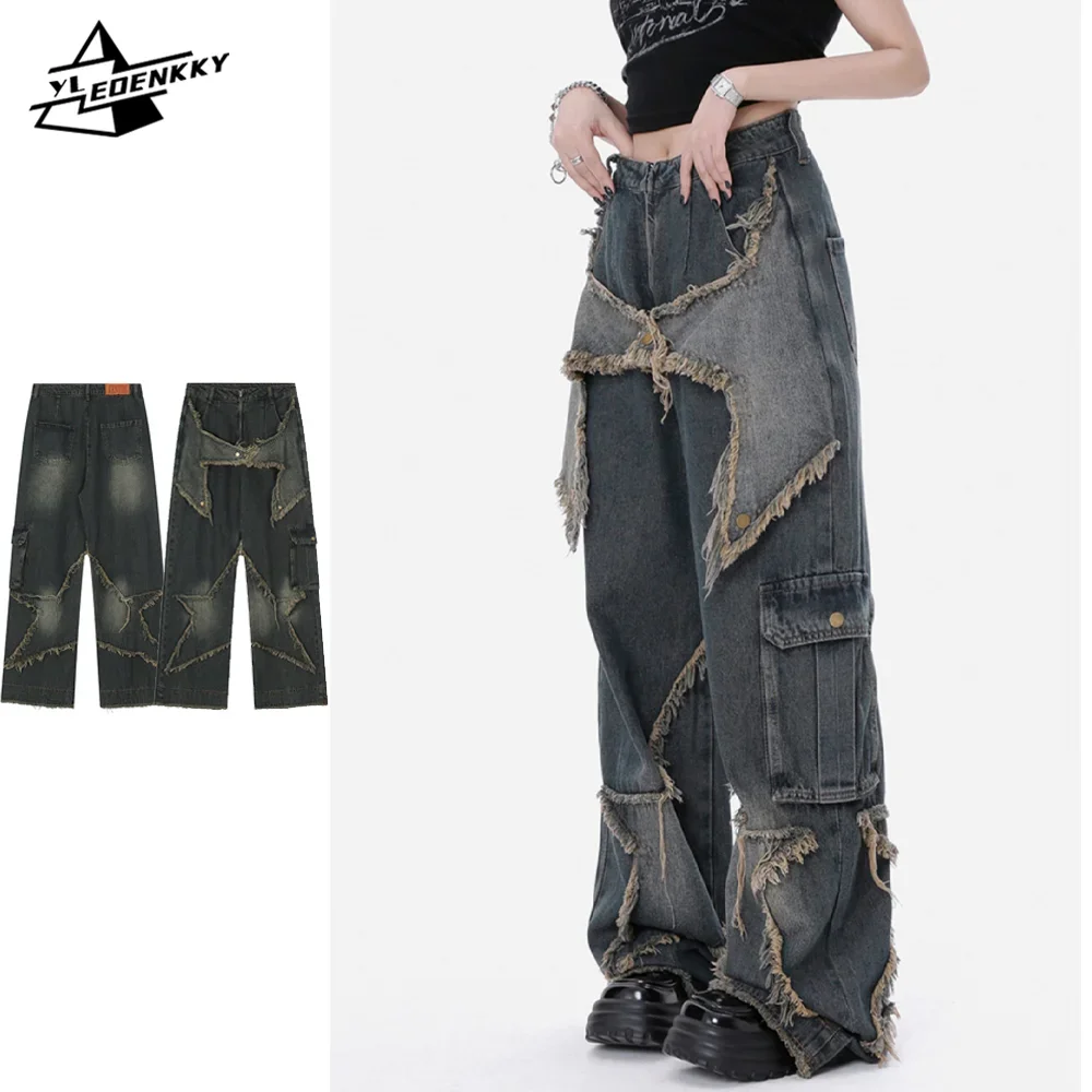 Hip Hop Retro Jeans Men Women Harajuku Star Patchwork Denim Pants Y2K Washed Distressed Baggy Cowboy Trousers Casual Streetwear