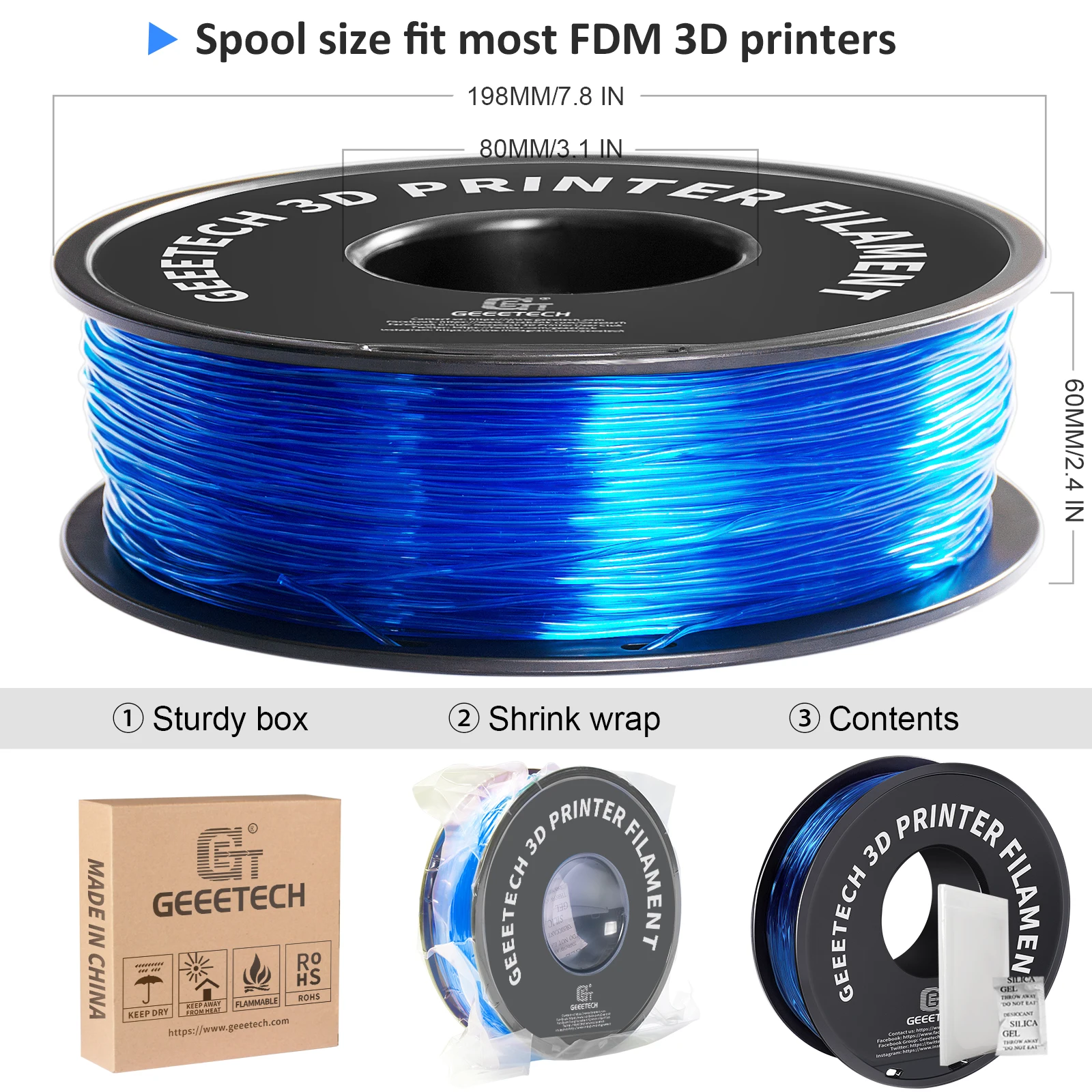 GEEETECH 10Kg TPU 3D Printer Filament material 1kg 2.2LBS/Spool 1.75mm Plastic Vacuum Packaging Non-Toxic Shore Hardness 95A