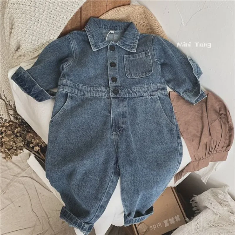 

Boys Girls 2025 Autumn Handsome Trendy Korean Style Kids Clothes Collar Denim Long Sleeves Long Pants Solid Color Jumpsuit