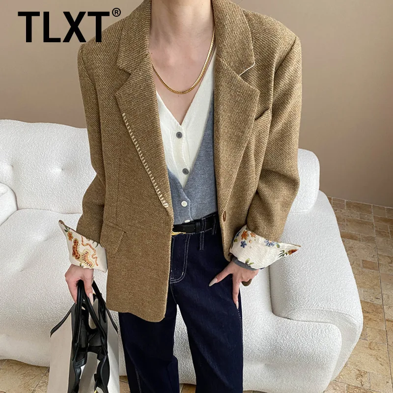 

TLXT Fashion Women's Embroidery Design Khaki Blazers Single Breasted Office Lady Loose Coats Female Jackets 2025 Autumn New