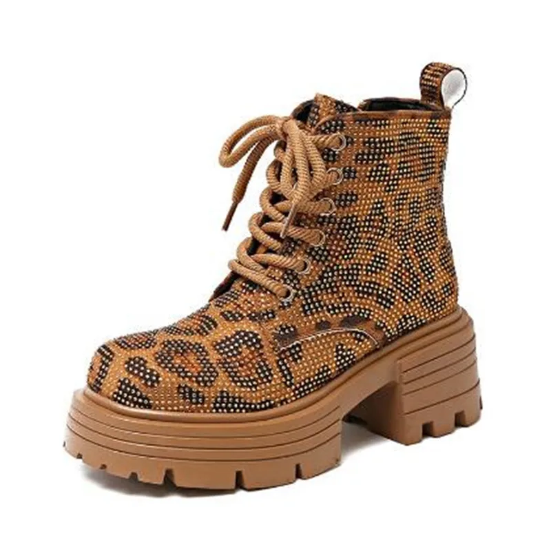 

2025 Короткие сапоги с блестками и бриллиантами, женские осенне-зимние роскошные модные ботинки на высоком толстом каблуке со шнуровкой, повседневная обувь для уличной вечеринки
