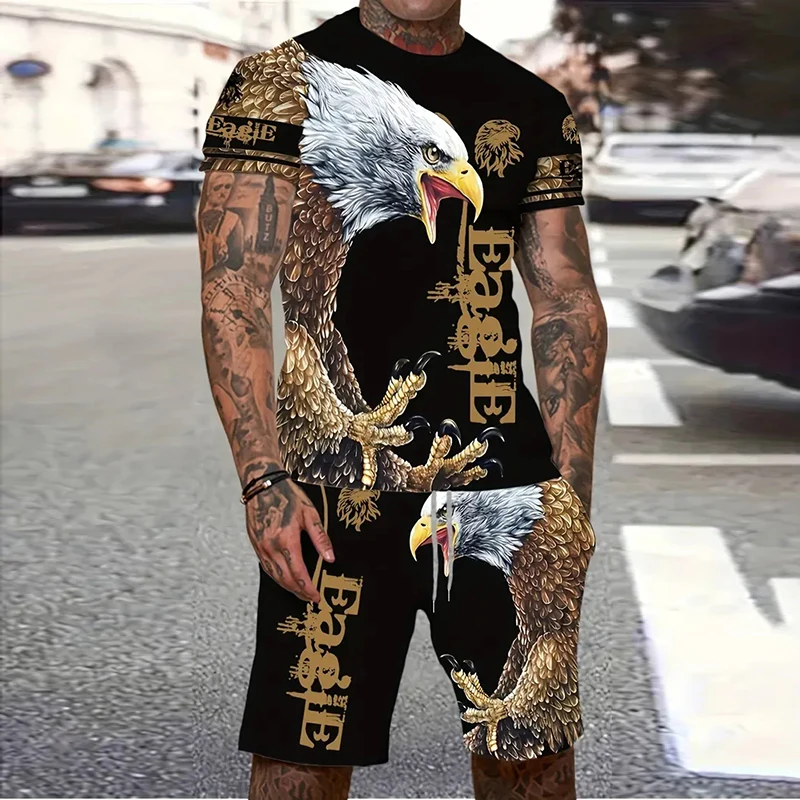 2025 Fashion Men's Suit Printed Vintage Eagle Pattern Summer Casual Breathable Sports Running Suit Oversized Men's Top Y2K Style