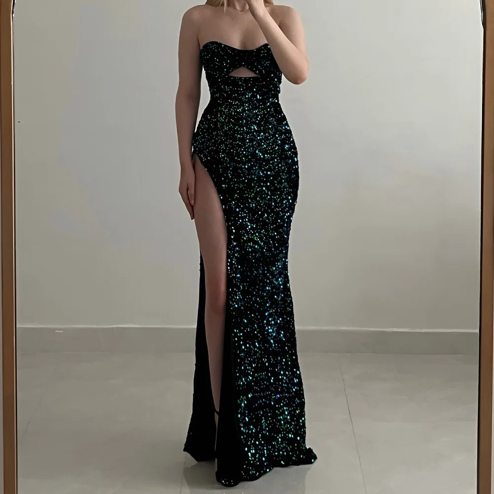 

Customized Exquisite Crystal Jersey Evening Dresses Fashion Straight Floor Length Strapless Sleeveless Special Occasion Gowns