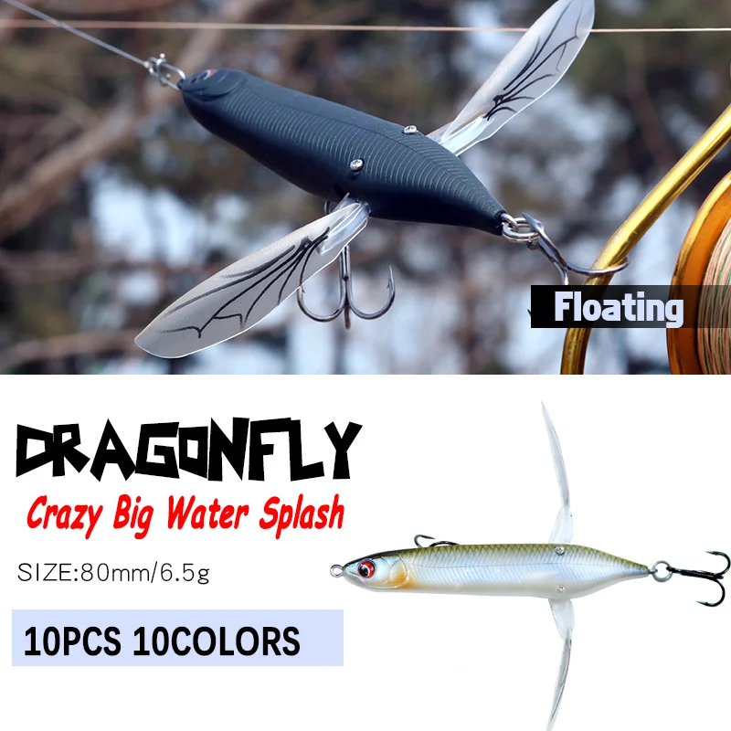 10PCS Topwater Dragonfly Fishing Lure 6.5g 80mm Floating Wobbler Popper Wing Floating Artificial Hard Baits