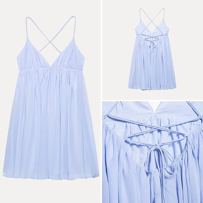 فستان نسائي صيفي 2025 أنيق بياقة على شكل V وتصميم واسع من البوليستر 00٪ قطعة واحدة من ماركة Z