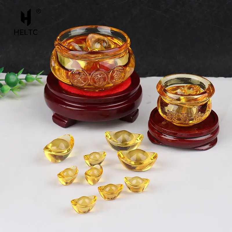 Crystal Cornucopia Chinese Crystal Gold Ingot Glass Yellow Fortune Cornucopia Treasure Bowl Feng Shui Statue Crafts Decoration
