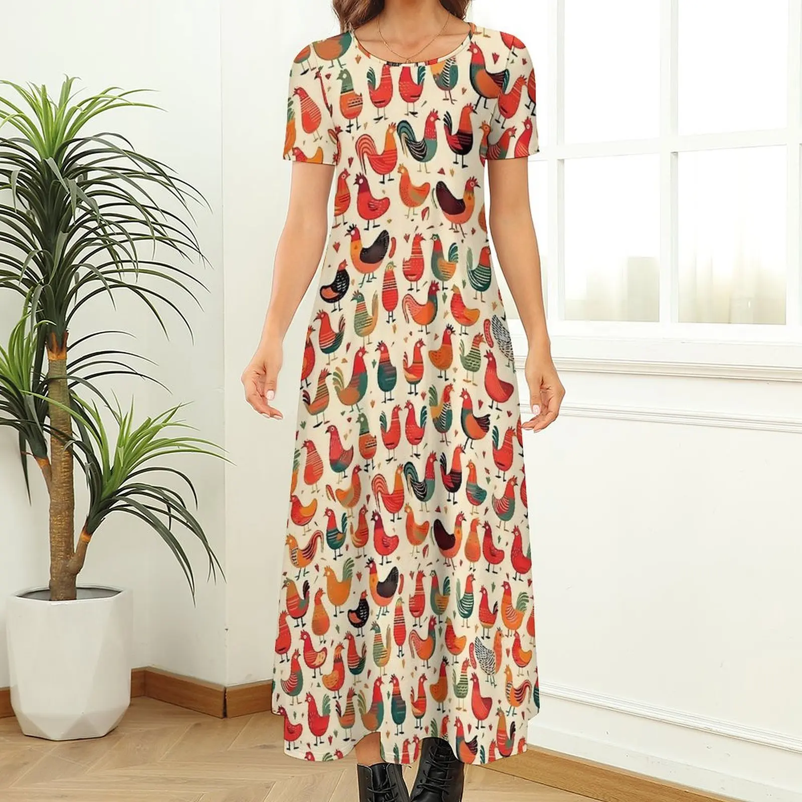 Chickens Rooster Vintage Dress  Street Style Boho Beach Long Dresses Womens Cute Maxi Dress Gift