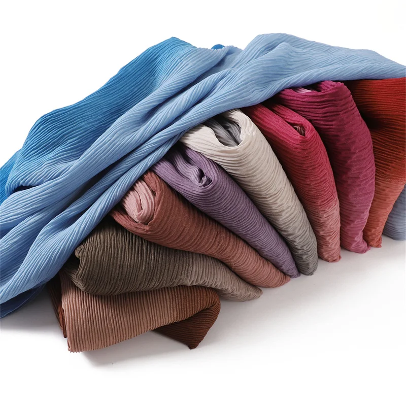 Women Plain Ombre Wrinkle Polyester Shawls Scarf Lady Shimmer Pleated Headband Wrap Solid Crinkle Scarves Muslim Hijab 180*70Cm