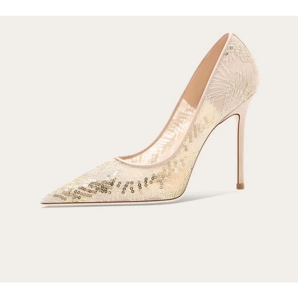 

Champagne Gold Glitter Embroidered Mesh Lace High Heels Women Nude Wedding Shoes