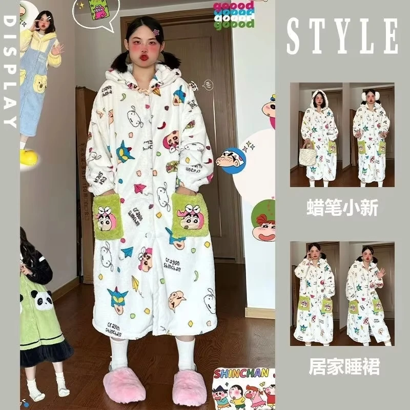 

Kawaii Anime Crayon Shin-Chan Woman's Pajama Set Cute Girls Coral Fleece Robe Pajama Pants Winter Warm Outdoors Hooded Homewear