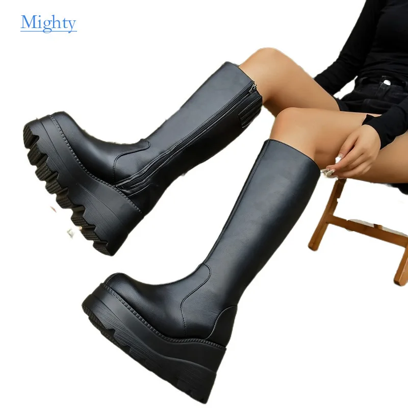 

Plus Size Wedge Thigh High Women Mid Calf Winter Boots Small Girth Gothic Platform Biker Rider Than Knee Length Skinny Shoes