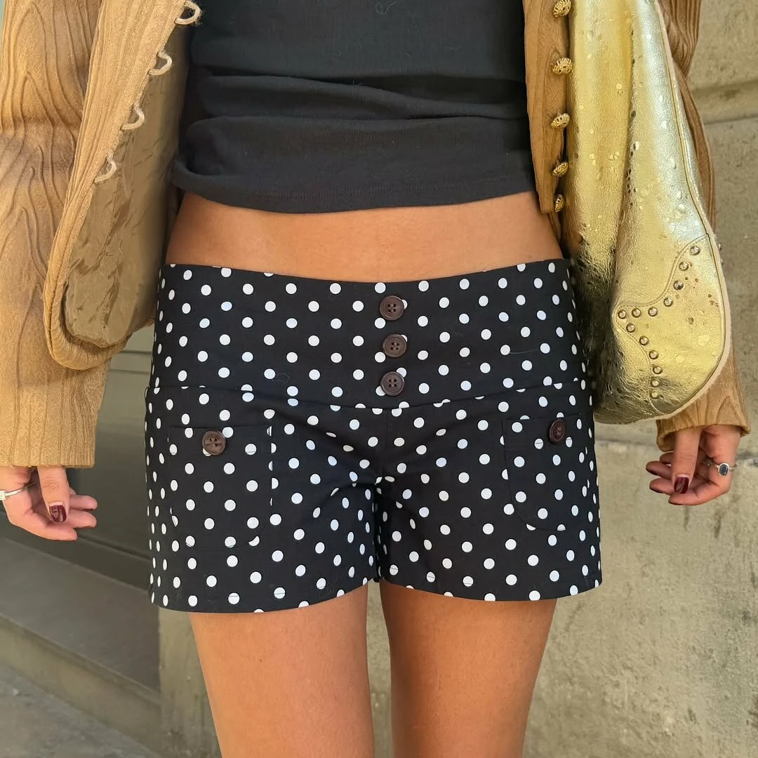 Combhasaki المرأة الصيف Y2k خمر منقطة طباعة السراويل أزرار منخفضة الخصر سليم صالح قيعان أنيقة مع جيوب الشارع الشهير