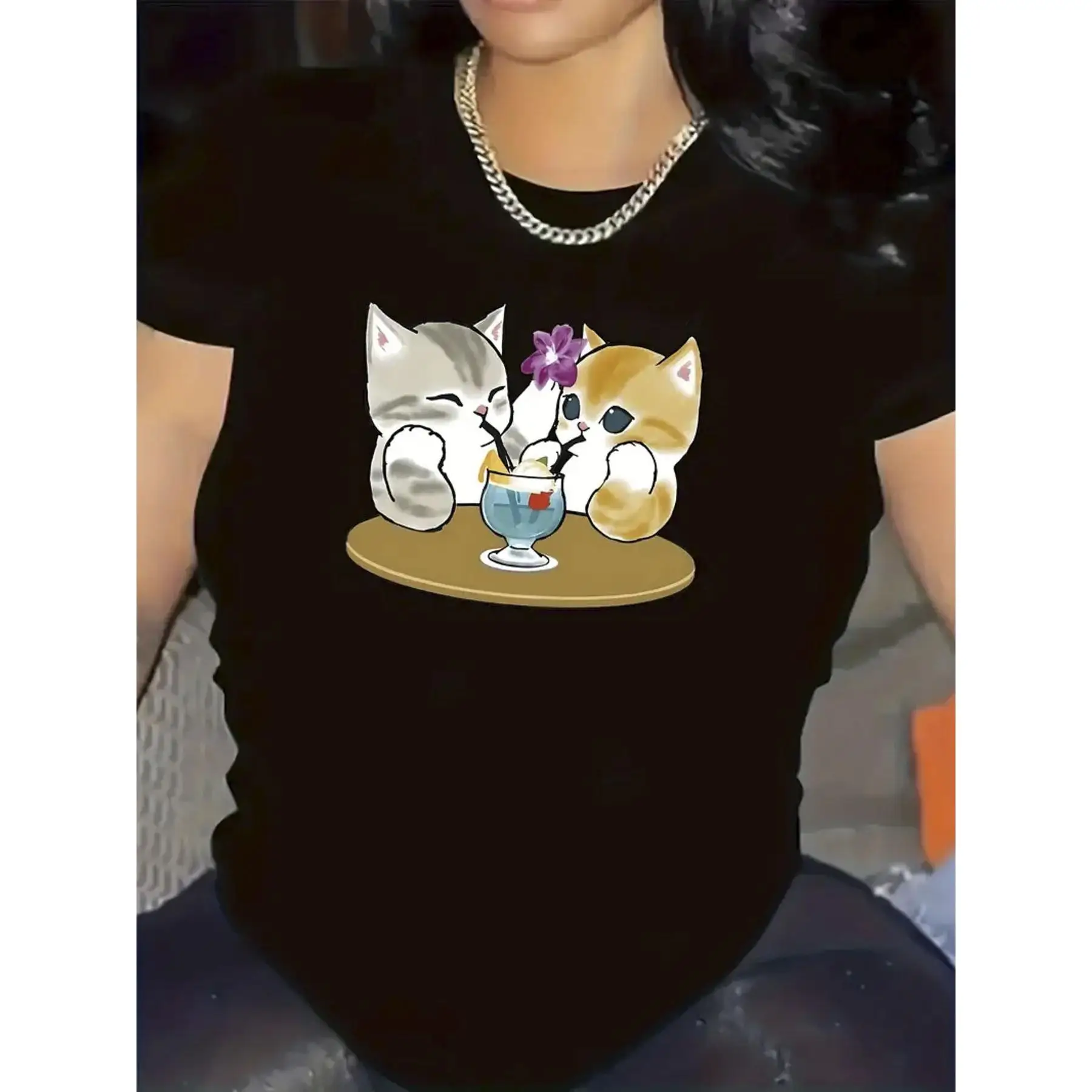 

Women's Cute Couple Cats T-Shirt | Sharing Drink Kitty Graphic Tee | Pet Lover Friendship Gift Casual Top