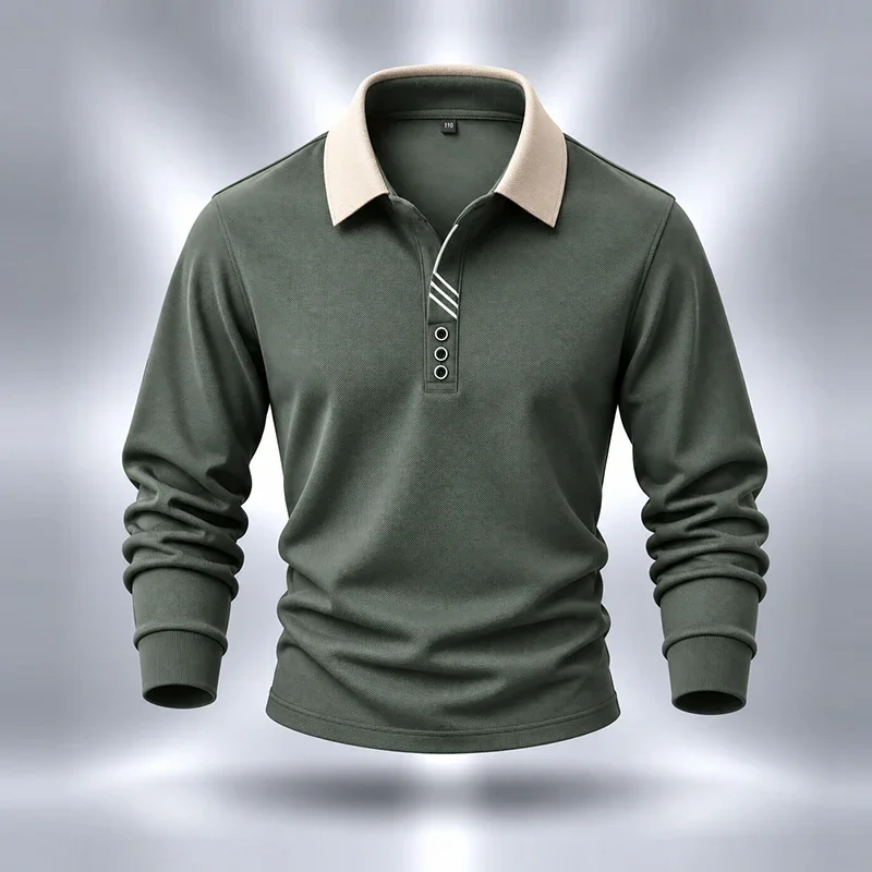 Mens Long Sleeve Polo Shirt Contrast Color Lapel Collar Four Button Placket Striped Neck Detail Soft Casual Daily Wear Tops