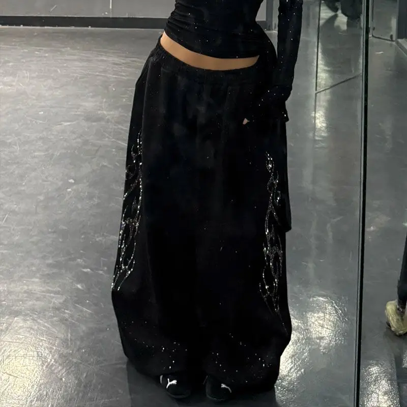 Retro Lazy Style Wide Leg Rhinestone Jazz Dance Loose Casual Pants