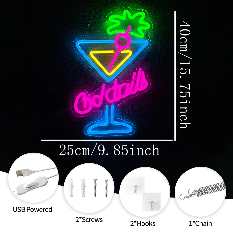 Cocktail Neon Sign, Art Sign Business Light In Front Of Bar, Usb Powered, Used For Restaurant, Club, Party, Man Cave Decor.