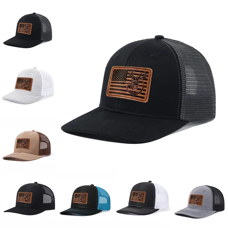 

New style Fashion Men's Leather Label Mesh HatAdjustable Street Dance Baseball Hat SummerUnisex Fisherman Fishing Hat Truck Cap