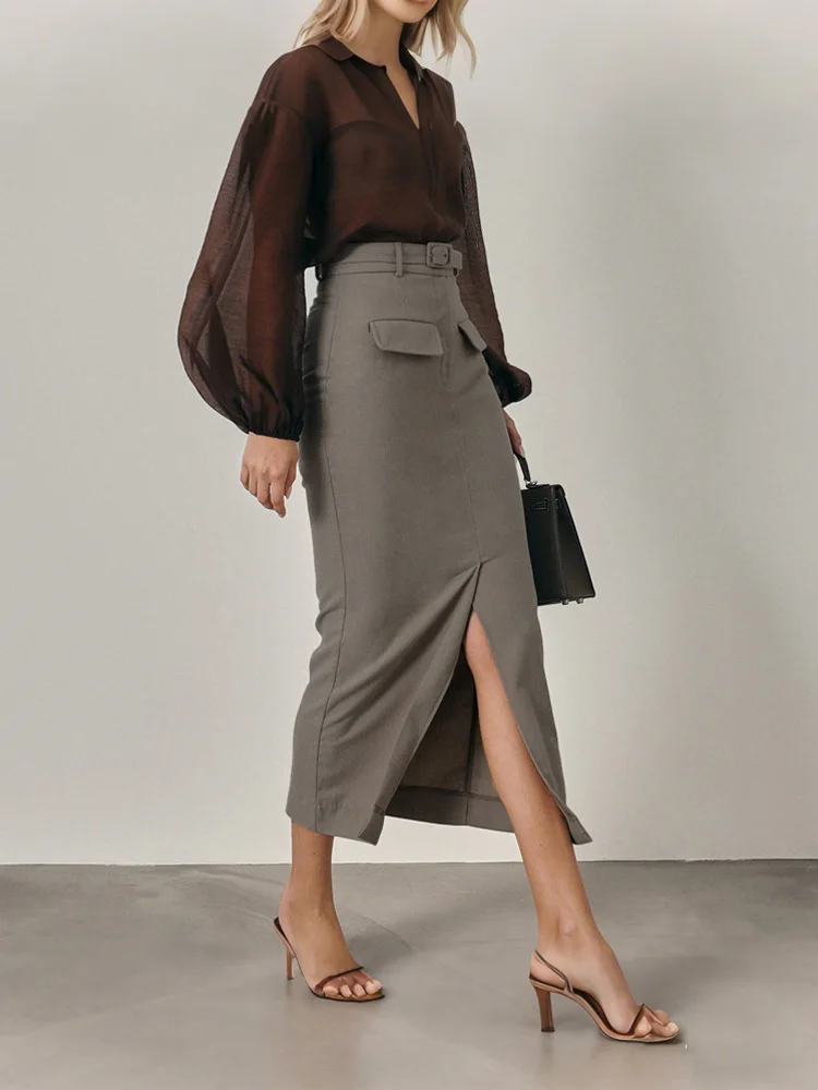 

Женская макси-юбка Tossy для поездок на работу с поясом и высокой талией, тонкая однотонная лоскутная юбка с карманами и разрезом, прямые брюки, женские макси-юбки 2026