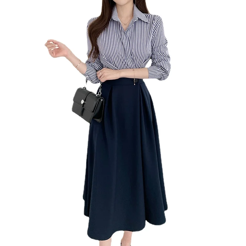 High Waist A-Line Long Sleeve 2022 Dresses Women Luxury Woman Elegant Spring Autumn Dress Party Striped Polo Collar