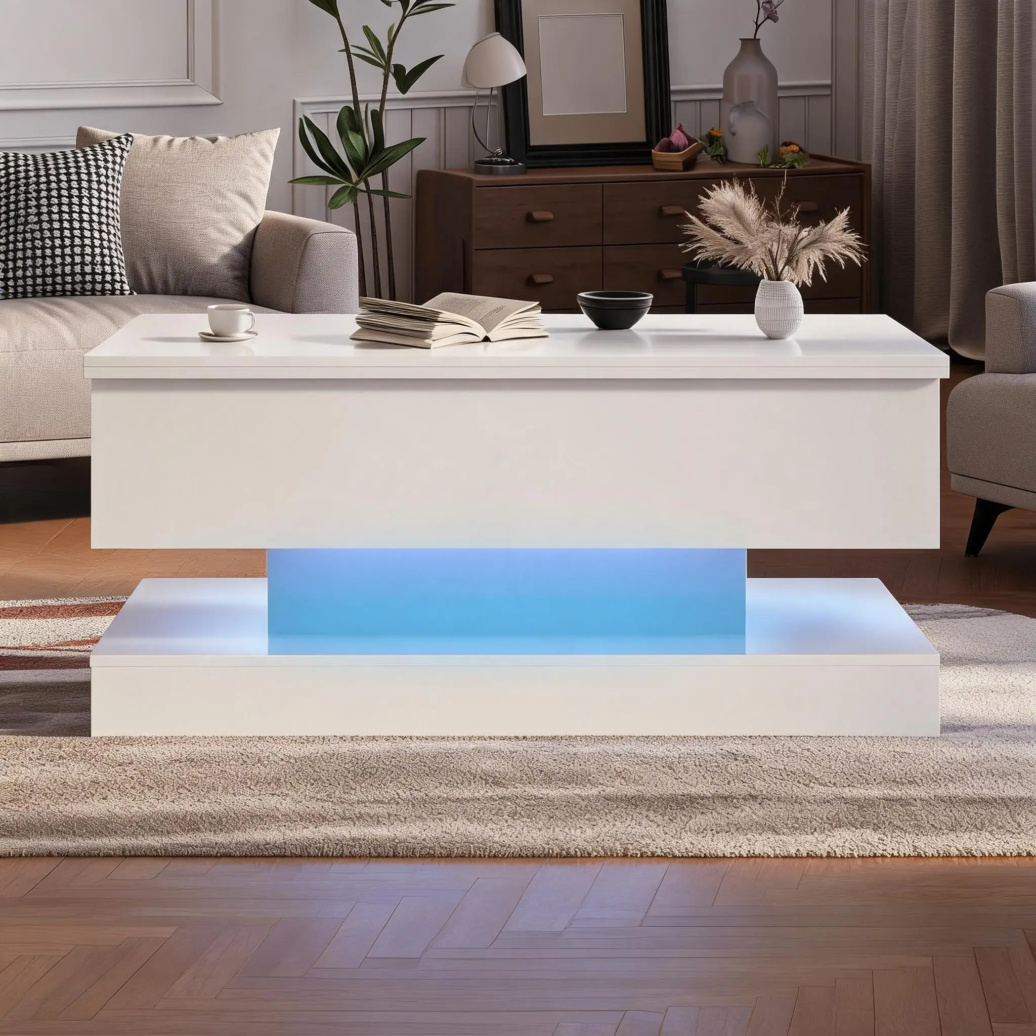 47.2 Inch Large Lift Top Coffee Table Modern High Glossy LED Storage Table with Remote Control for Living Room Dining Room Home Office White