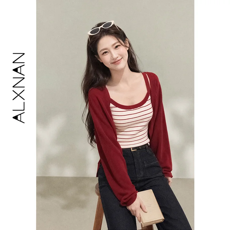 ALXNAN Plus Size Red Knit Cardigan Women 2026 Autumn Vintage Elegant Long Sleeve Sweater Elegant Bat Sleeve Top Female D12316